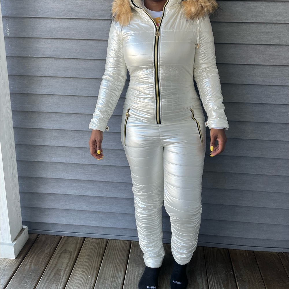 Women Winter Onesies Ski Suit Removable Hooded Faux Fur Collar Jumpsuit
